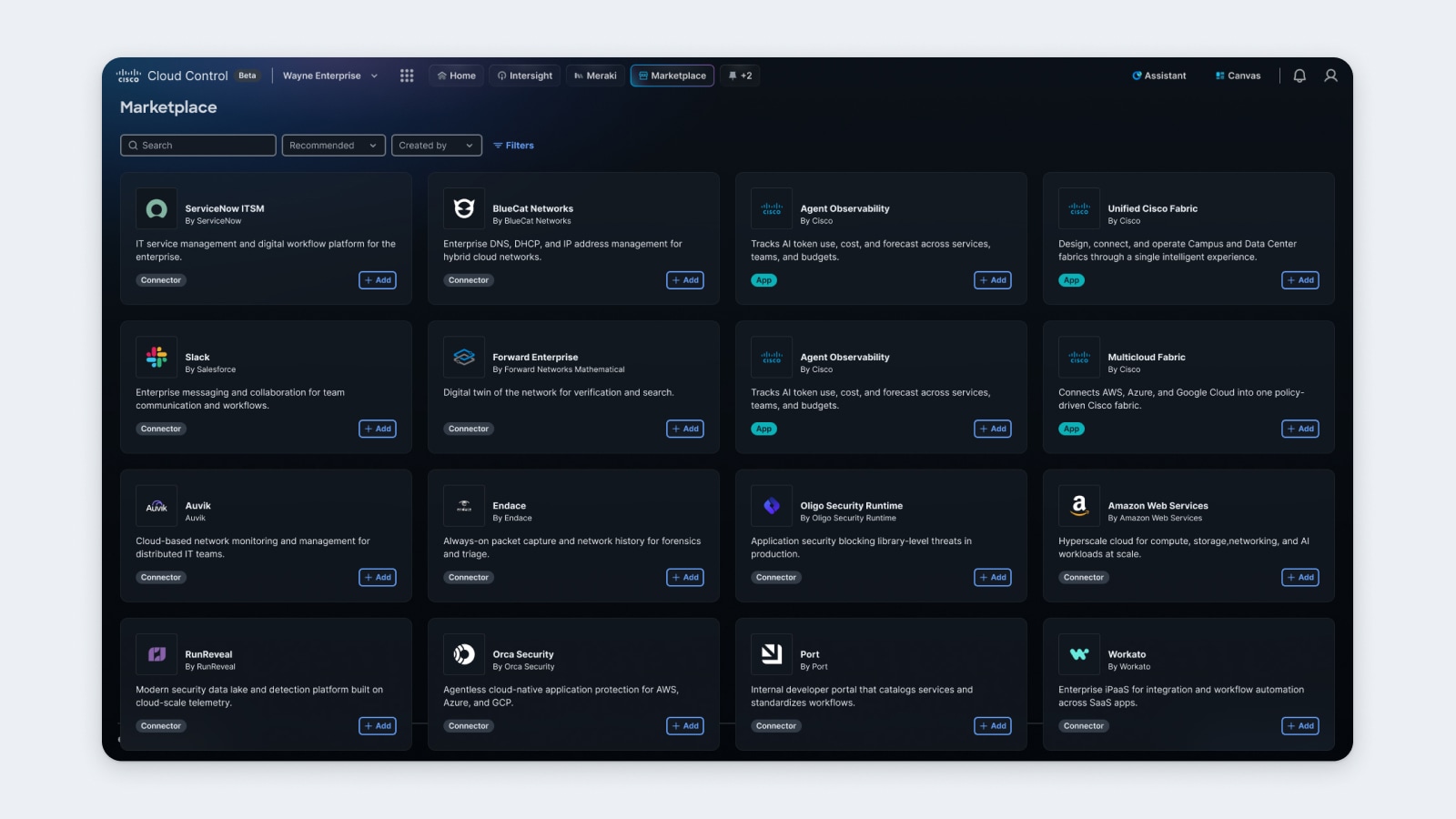 sco Cloud Control dashboard displaying six automated agents with status, run counts, error counts, and average run times.
