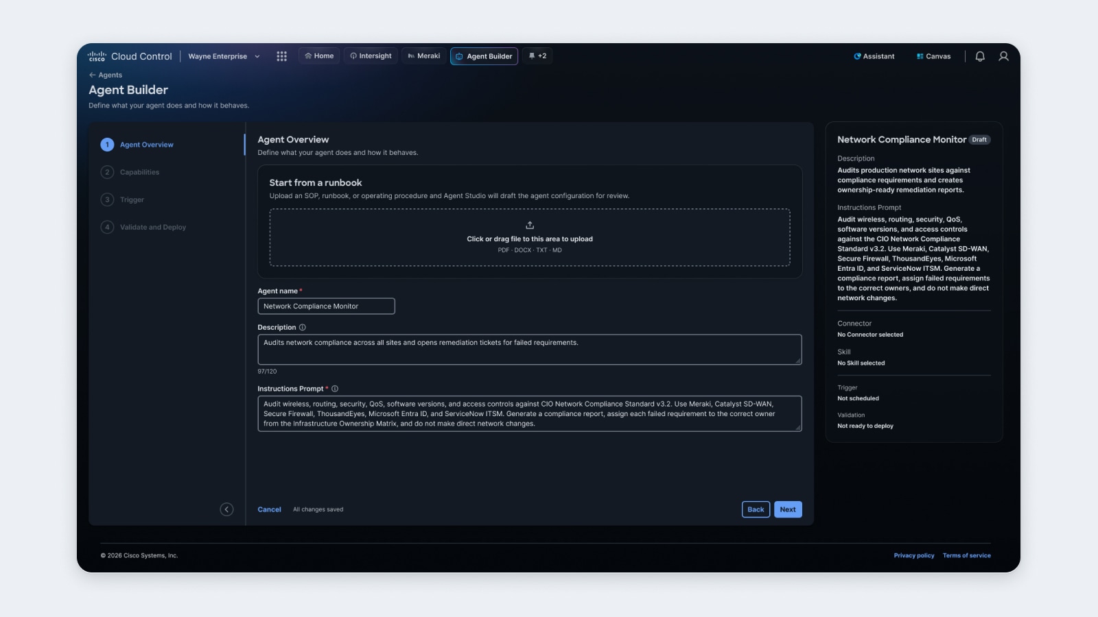 Cisco Cloud Control Agent Builder interface for a Network Monitor agent, featuring configuration fields and a preview sidebar.