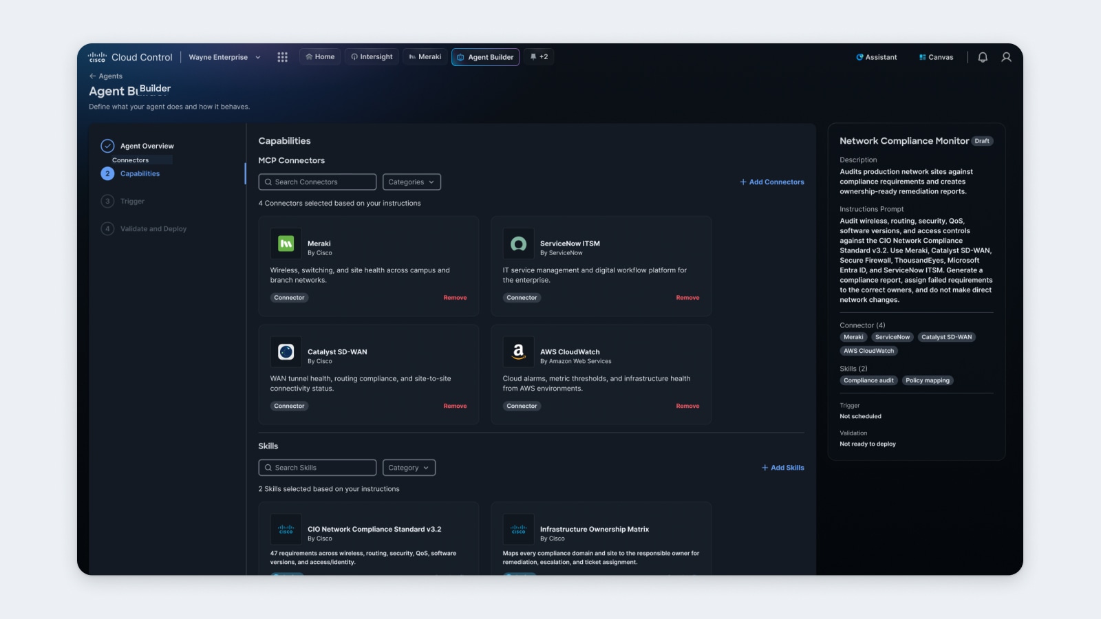 Cisco Cloud Control Agent Studio ServiceNow connector page, detailing tools for incident management and common agent use cases. 