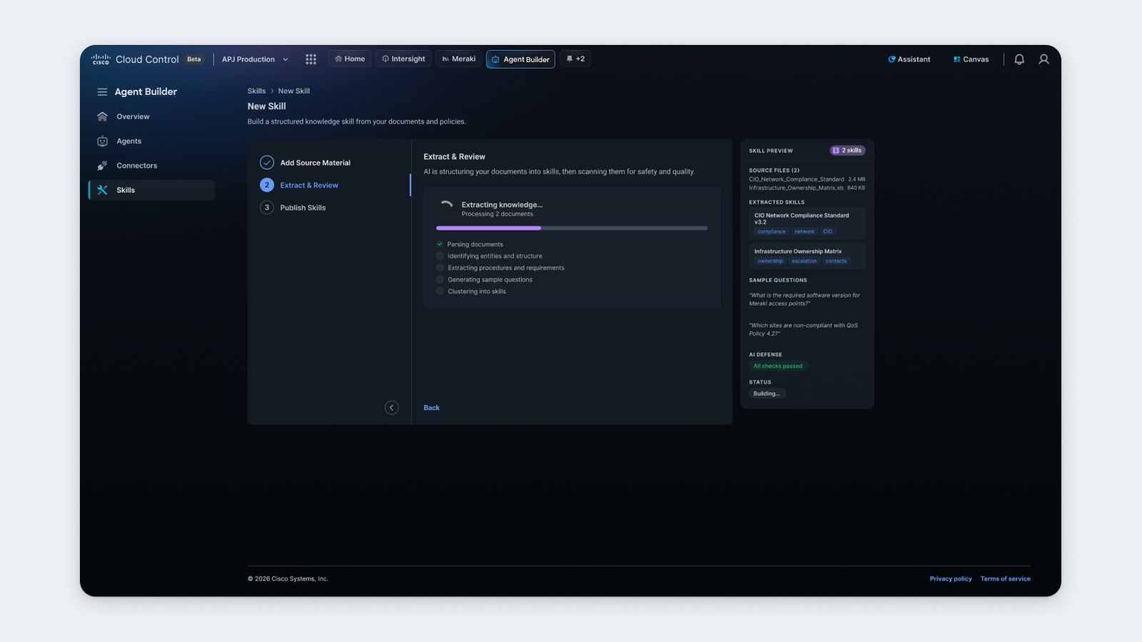 Cisco Cloud Control Agent Builder interface showing the Extract and Review step with a progress bar for processing two source documents. 