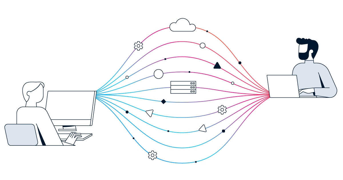 Two people on computers connected by a network flow featuring a server, cloud, and various icons representing digital communication.