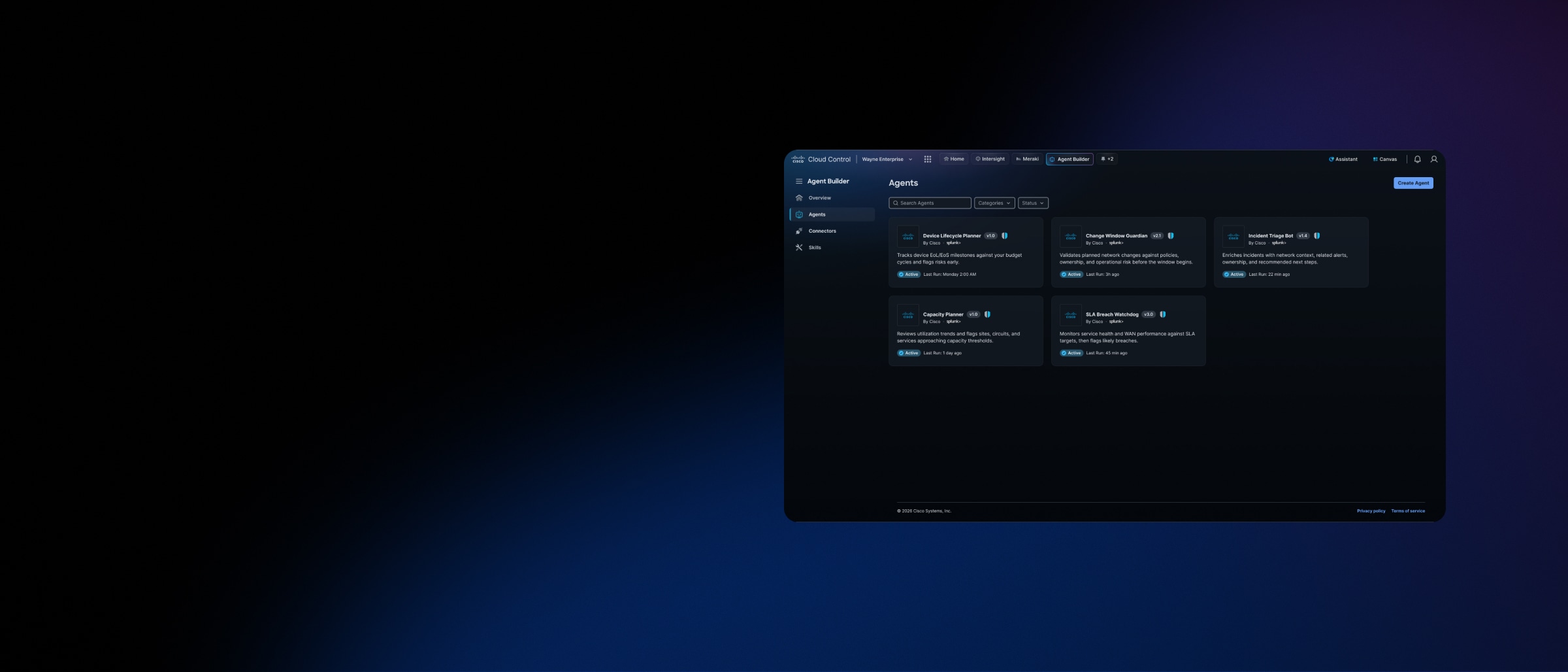 Cisco Cloud Control dashboard listing automated agents with status, run counts, error rates, and average performance metrics.