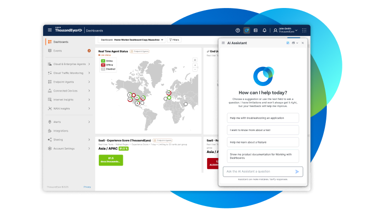 Cisco AI Assistant displayed next to Real-Time Agent Status global map