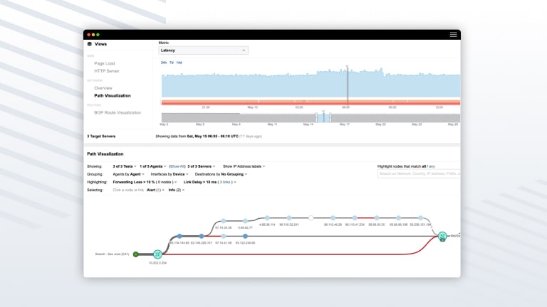 Network Path Visualization dashboard displaying latency metrics and a node-to-node connectivity diagram.