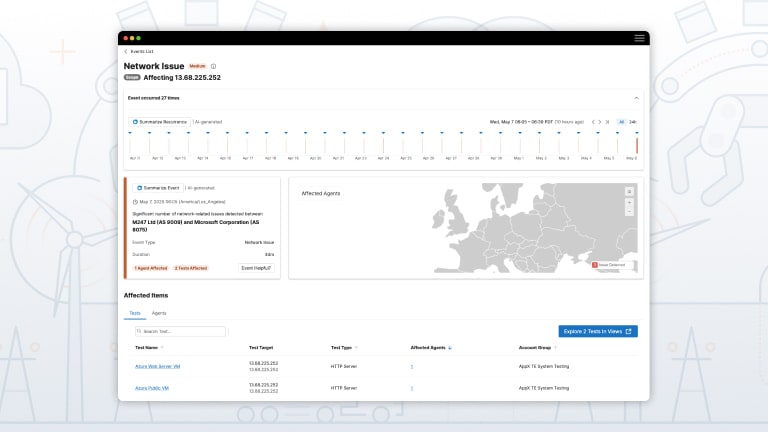 Network Issue dashboard for 13.68.225.252, showing event timeline, affected agents map, and affected Azure Web Server VM and Azure Public VM.