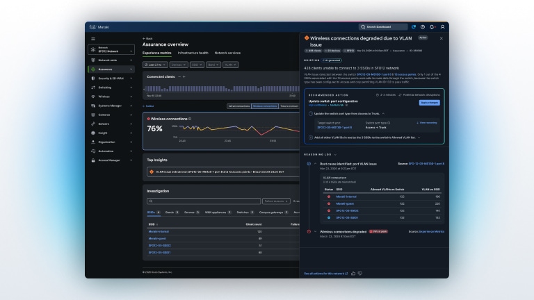 Cisco Meraki dashboard: Wireless connections degraded due to VLAN issue, affecting 428 clients. Recommended action: Update switch port configuration.
