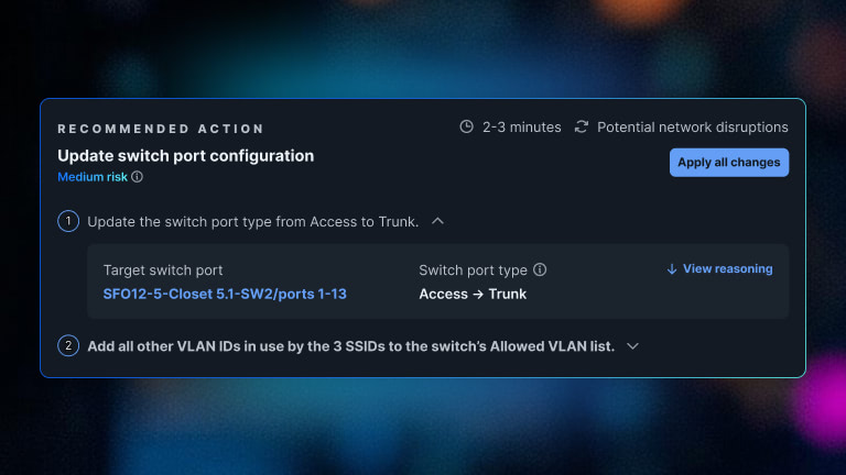 Recommended Action from Agentic Actions: Update switch port configuration to change SFO12-5-Closet 5.1-SW2/ports 1-13 from Access to Trunk. 