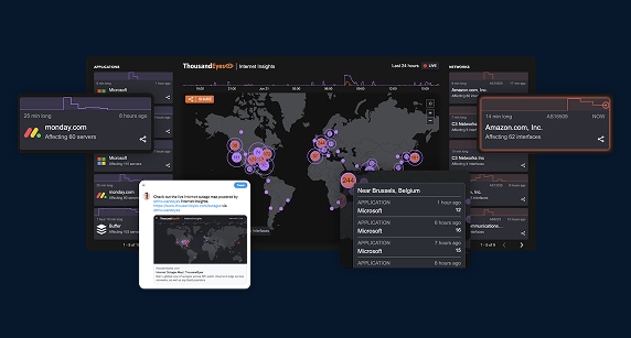 ThousandEyes Internet Insights dashboard showing a global map of internet outages with alert panels for companies like Monday.com and Amazon.com.