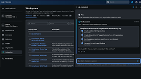 Cisco Meraki Automation Workspace avec AI Assistant présentant en détail un workflow d'audit de conformité couvrant les réseaux de plusieurs organisations.