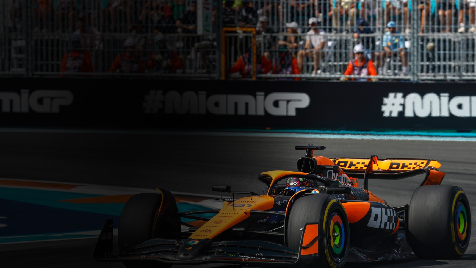 A McLaren Formula 1 racecar on the track at the Miami Grand Prix during the 2025 Season.