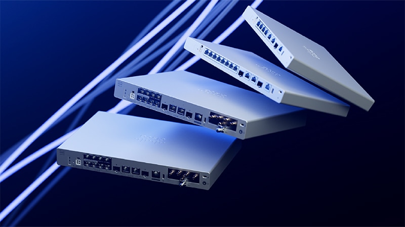 Rack-mount networking switches arranged diagonally against a blue background. 