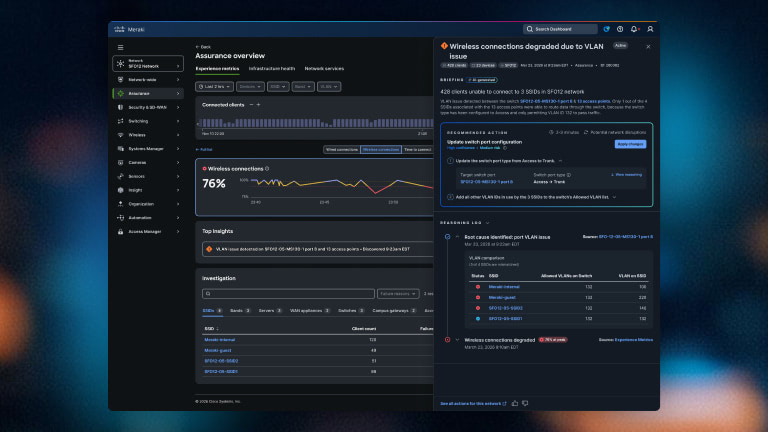 Agentic Actions showing active alert: Wireless connections degraded due to VLAN issue affecting 428 clients.