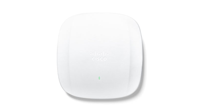 Cisco wireless access point featuring a centered logo and a green status indicator light.