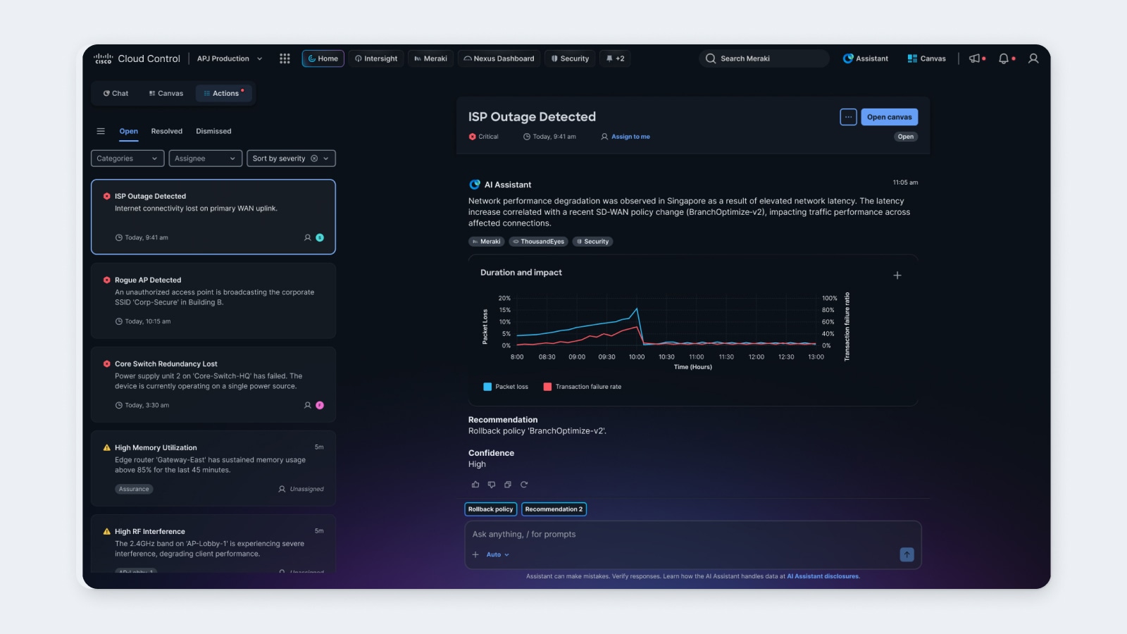 Displaying the Action menu in Cisco Cloud Control