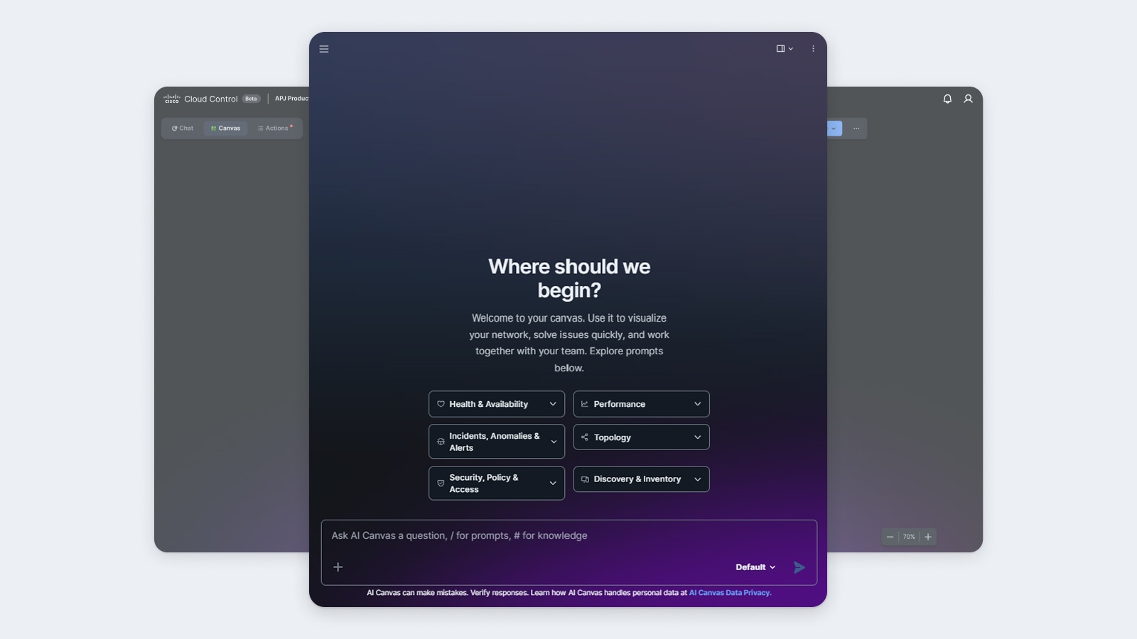 Cisco Cloud Control AI Canvas: "Where should we begin?" with options for network health, performance, incidents, topology, security, and inventory. 