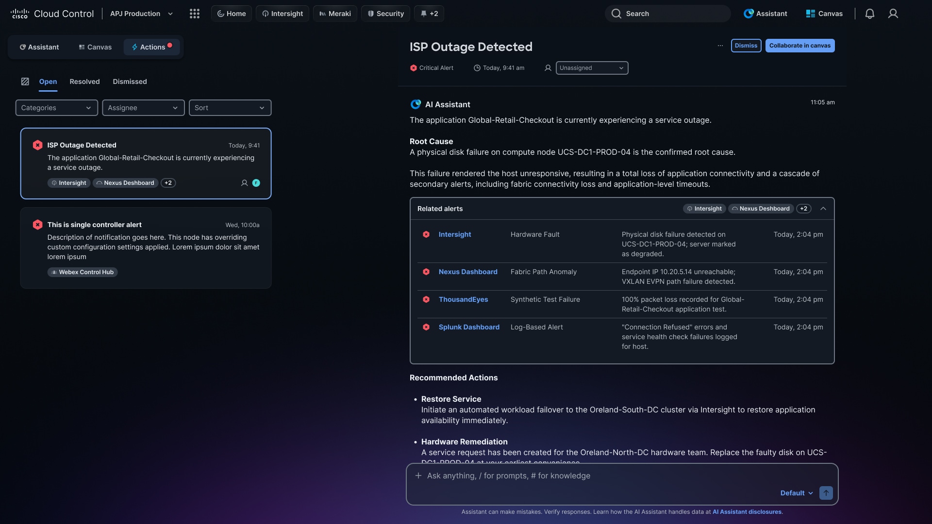 Cisco Cloud Control AI Assistant interface: 5 new actions require review, sidebar with threads, and an input field for user queries.