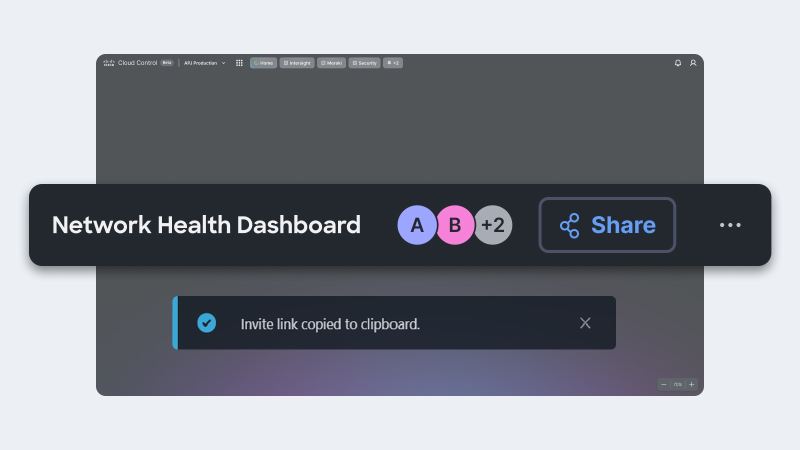Cisco Cloud Control interface showing a thread with user message, AI agent routing, a line chart, and a top "Share" menu with user avatars. 