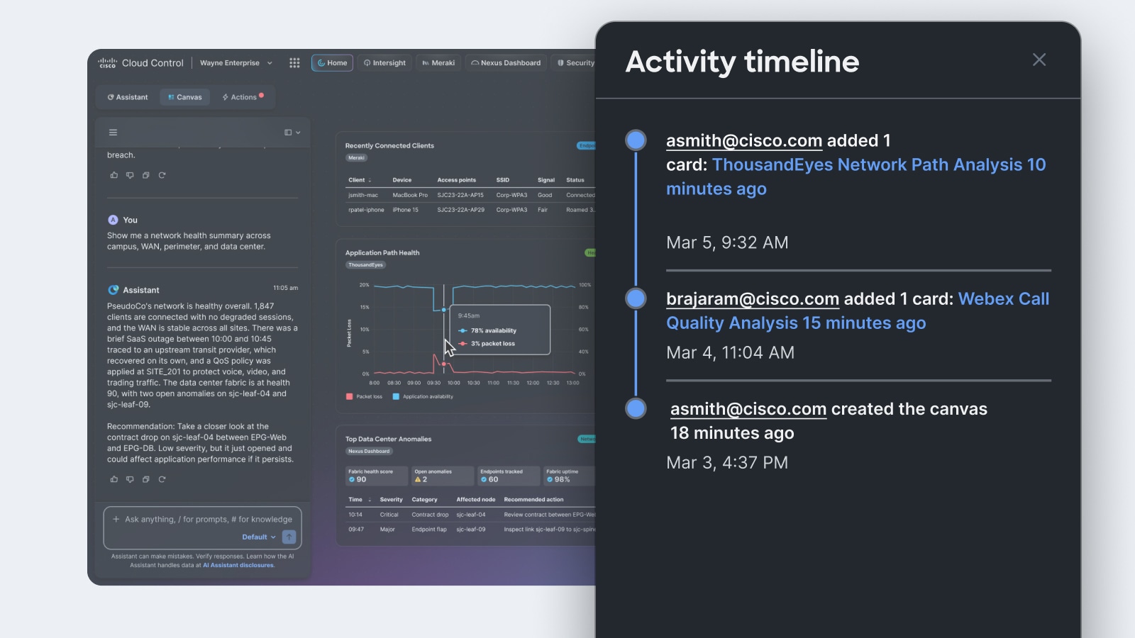 Cisco Cloud Control interface showing an AI Assistant chat panel, a blank canvas card, and an activity timeline detailing recent user actions. 
