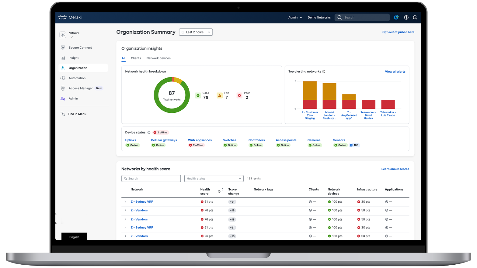 L’⁪interface utilisateur du Meraki Dashboard, en consultant la section Security & SD-WAN&nbsp;» (sécurité et SD-WAN).